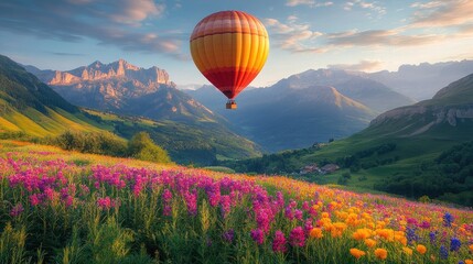 Obraz premium Colorful hot air balloon soaring over vibrant flower fields and majestic mountains at sunset