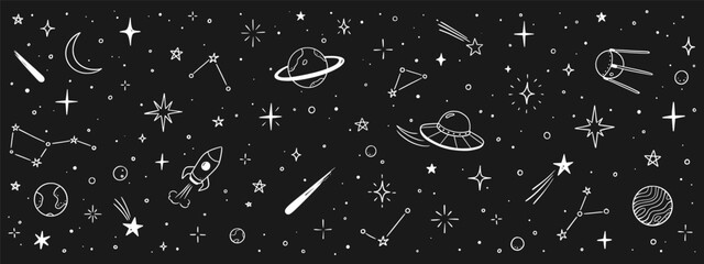 Space star vector kid background. Hand drawn doodle sketch style star space cute galaxy background. Hand drawn kid galaxy universe doodle pattern. Planet, rocket, moon element. Vector illustration. © Polina Tomtosova