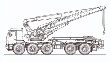 Detailed Technical Drawing of a Crane Truck with Extended Boom