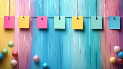 Colorful sticky notes hanging against a vibrant painted background with playful balls nearby