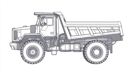 Detailed Illustrated Line Drawing of a Dump Truck in Profile View