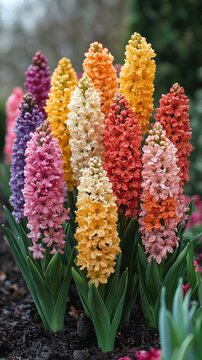 Fototapeta Vibrant bouquet of hyacinth flowers in various colors blooming in a garden setting