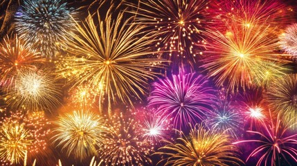 New Year's Eve fireworks display. Featuring a vibrant display of fireworks lighting up the night sky. Highlighting the excitement and celebration of the New Year. Ideal for holiday and event content.