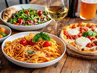 Delicious Italian meal featuring pasta, pizza, salad, and wine.