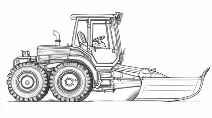 Detailed Illustration of a Tractor with Plow Attachment in Profile View