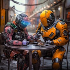 Two Futuristic Robots Eating At An Urban Cafe