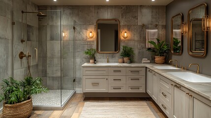 Stylish yet simple bathroom with a walk in shower rustic wooden flooring and brass framed mirrors