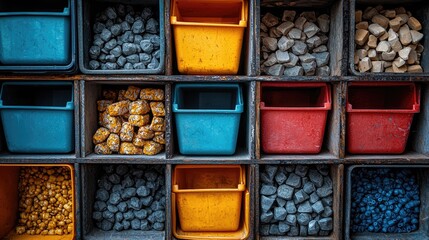 Colorful storage bins filled with various materials in a workshop setting, showcasing organization