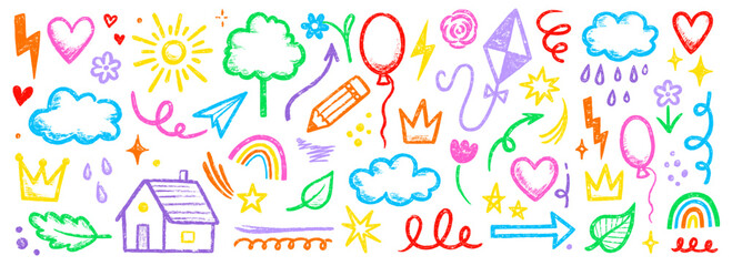 Kid crayon chalk line cloud, flower children element set. Hand drawn crayon doodle sketch childish element set. Chalk heart, cloud, flower color cute design element background. Vector illustration