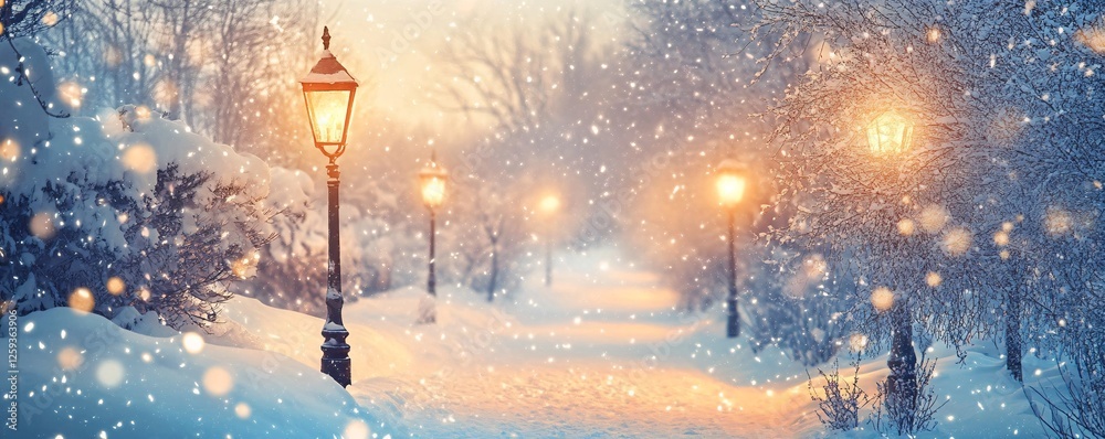 Poster snow falling on path lined with glowing lamps at twilight
