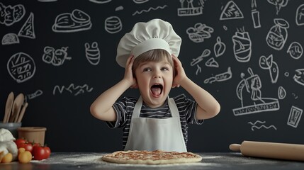 Photo of a child wearing an apron and chef's toque, little chef