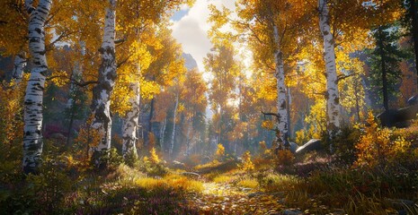 Fototapeta premium Tranquil Autumn Forest Scene with Golden Leaves and Sunlight Filtering Through Trees