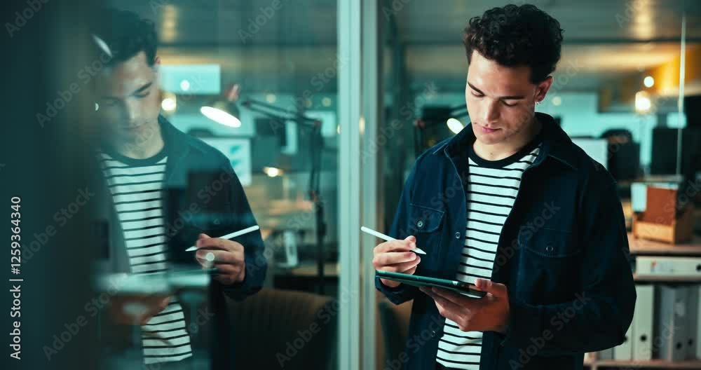 Poster thinking, tablet and business man in office by glass for solution, planning and problem solving at n