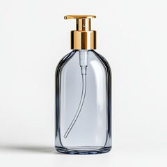 Fototapeta premium Elegant Glass Pump Bottle with Golden Pump Cap on a Clean White Background for Skincare or Liquid Products