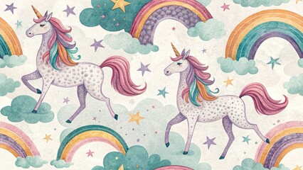 Obraz premium Vintage Magical Unicorn Pattern Background, Textured Fantasy Wallpaper, Mystical Horse Art, Retro Unicorn Design