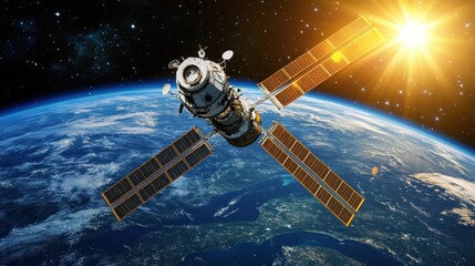 Naklejka premium Spacecraft orbiting Earth with solar panels and sun