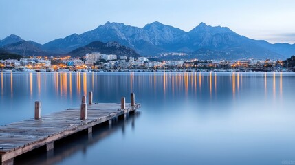 Obraz premium Calm harbor at dawn, mountains reflecting in still water. Possible use Stock photo for travel brochures, tourism websites, and nature calendars