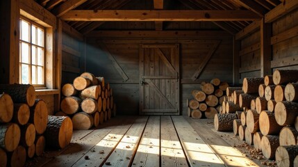 Rustic Wooden Barn Interior with Stacked Logs Illuminated by Sunlight Streaming Through a Window