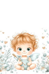 A cute little angel is sitting on a bed with a bow and arrow. The bed is decorated with flowers and hearts