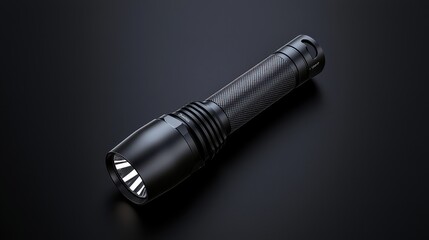 A single flashlight illuminates the darkness, striking contrast of light and shadow on black background