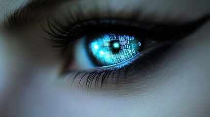 Fototapeta premium Woman's eye reflecting digital code; futuristic background