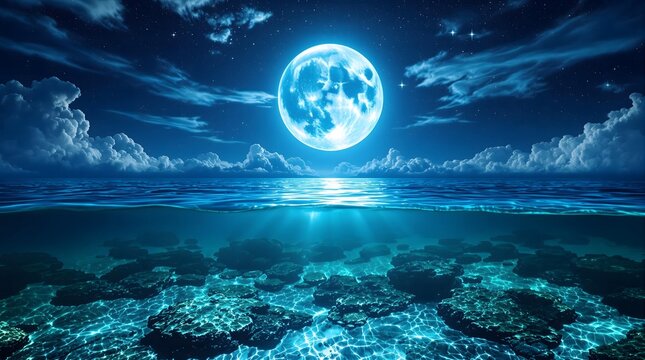 Mysterious Moonlight Ocean, Splendid Underwater View.