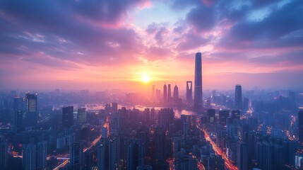 Urban Dawn: Shanghai Skyline at Sunrise, a Panoramic View of Modern Architecture Bathed in the Soft Glow of Morning Light over the Cityscape