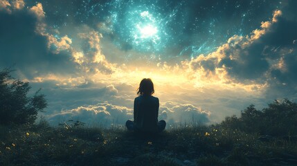 Fototapeta premium Woman Silhouetted Against a Celestial Sky Above Clouds