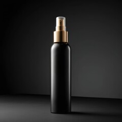 Elegant black spray bottle with gold accent on a dark background for cosmetic or personal care product photography