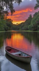 Obraz premium Tranquil Sunset Over Calm River with Wooden Boat in Still Water
