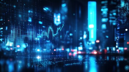 Obraz premium Cityscape at night, financial data overlay. Stock image for finance, technology