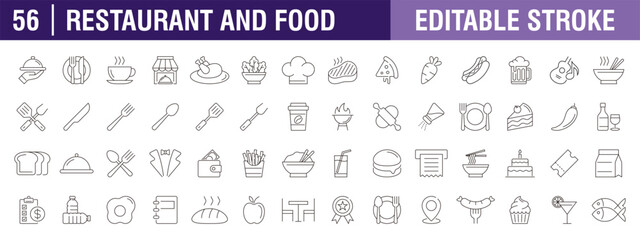 Collection of food and restaurant icons. Lifestyle, breakfast, drinks. Vector design template, signs, symbols, editable stroke.