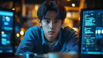 Focused Young Asian IT Developer Engaged in Online Work