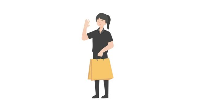 video woman standing holding shopping bag sign cartoon animation
