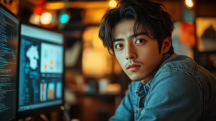 Young Asian IT Developer Working Online in Modern Workspace