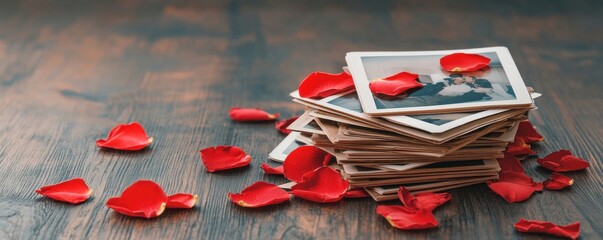 Romantic memories captured in photos with rose petals scattered.