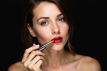Fototapeta premium A Woman Putting Lipstick on Her Lips With a Red Lipstick - Generative AI