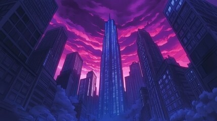 Obraz premium A tall skyscraper dominates an urban cityscape at night