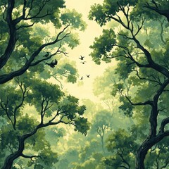Fototapeta premium Lush Green Forest Canopy with Birds Flying Through Soft Light