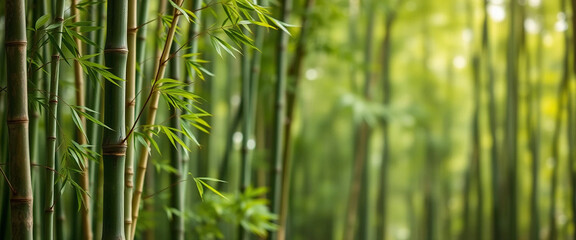 Obraz premium Bamboo grove. Green bamboo stems on blurred background.