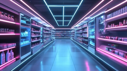 Fototapeta premium A Futuristic Supermarket Aisle Featuring Holographic Price Tags and Automated Robotic Stock Assistants