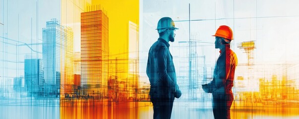 Two construction workers discuss a project in the cityscape.