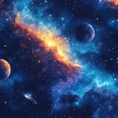 Vibrant Cosmic Nebula with Planets and Stars in Deep Space