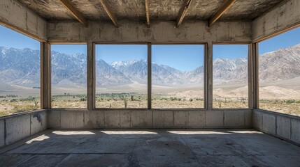 Panoramic view of mountains through unfinished building windows in arid landscape