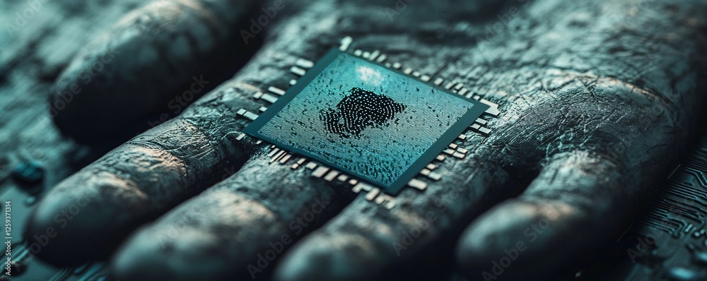 Fototapete Cpu showing a fingerprint scan on a stone hand symbolizing ai
