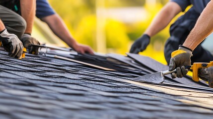 Skilled workers installing roofing materials.