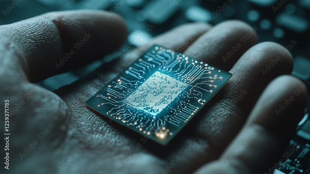 Poster Hand is presenting a computer chip with integrated circuitry glowing