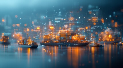 Cargo ships navigating the harbor at night urban port setting digital art futuristic environment aerial viewpoint industrial concept for modern trade