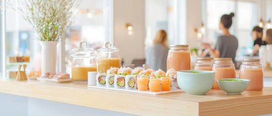 A sushi cart serving fresh rolls, sashimi, and miso soup, with minimalist Japanese decor and people enjoying authentic flavors