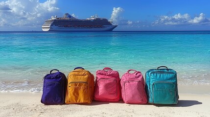 Colorful backpacks lined on a beach with a cruise ship in the background under a clear sky